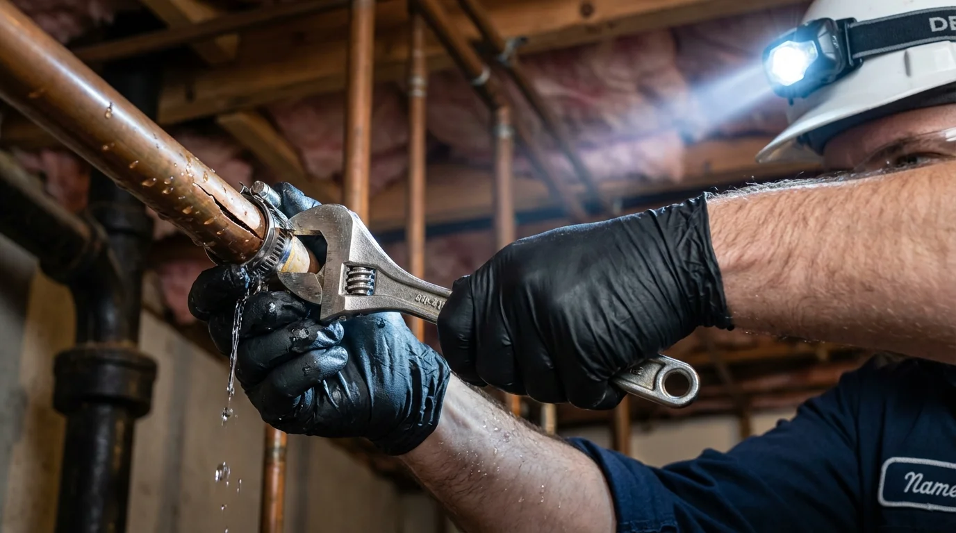 Emergency pipe clamp repair being performed by a Johns Plumbing LLC plumber in Balch Springs