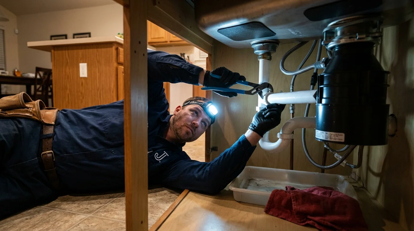 P-trap and supply line connections under a kitchen sink showing a common leak point in Balch Springs, TX